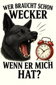 Preview: Damen T-Shirt mit "Wer braucht schon Wecker" mit schwarzem Schäferhund